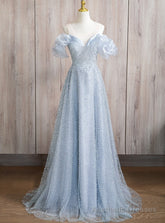 Blue Sequins Scoop Neck Prom Dress